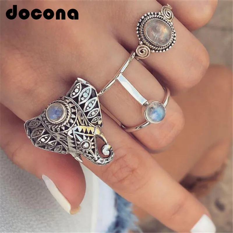 

docona Boho Silver Color Elephant Knuckle Midi Ring Set for Women Retro Colorful Rhinestone Finger Rings 3pcs/1set 6337