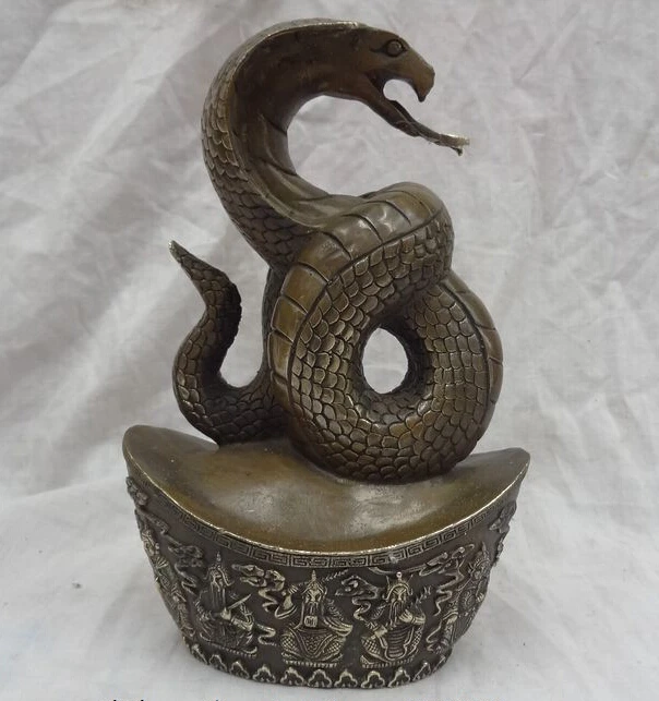 

JP S0114 8" Chinese Bronze Zodiac 5 Mammon God Wealth Snake On Dragon YuanBao Statue (B0413)