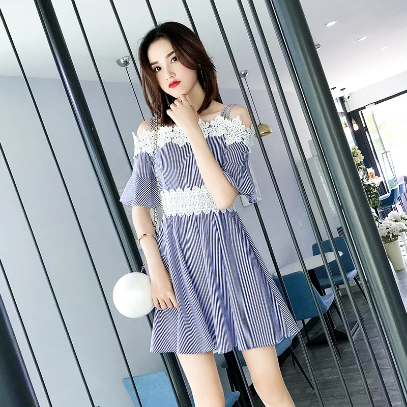EAD Lace Off Shoulder Short Sleeve Summer Dresses Casual Stripe Women Elegant Dress High Waist a Line Sexy Sundress Lady Vestido EAD Lace Off Shoulder Short Sleeve Summer Dresses Casual Stripe Women Elegant Dress High Waist a Line Sexy Sundress Lady Vestido