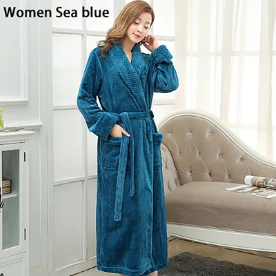 Лидер продаж, длинный теплый банный халат из кораллового флиса для влюбленных, мужской зимний супер мягкий фланелевый банный халат кимоно, мужской халат, мужские халаты s - Цвет: Women Sea Blue