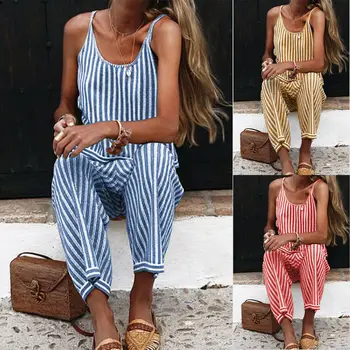 

Women Sleeveless Striped Jumpsuit Romper Casual Clubwear Outfits Summer Loose Playsuits Leotard