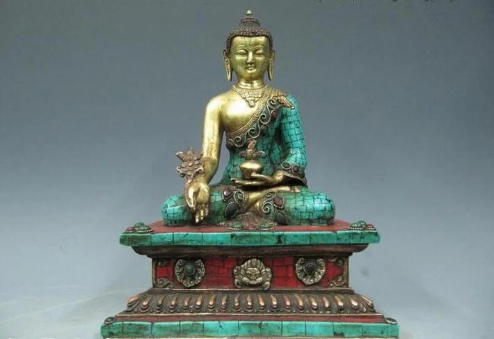 

S0622 11 Tibet Pure Copper Bronze 24K Gold turquoise coral Sakyamuni Buddha Statue D0318