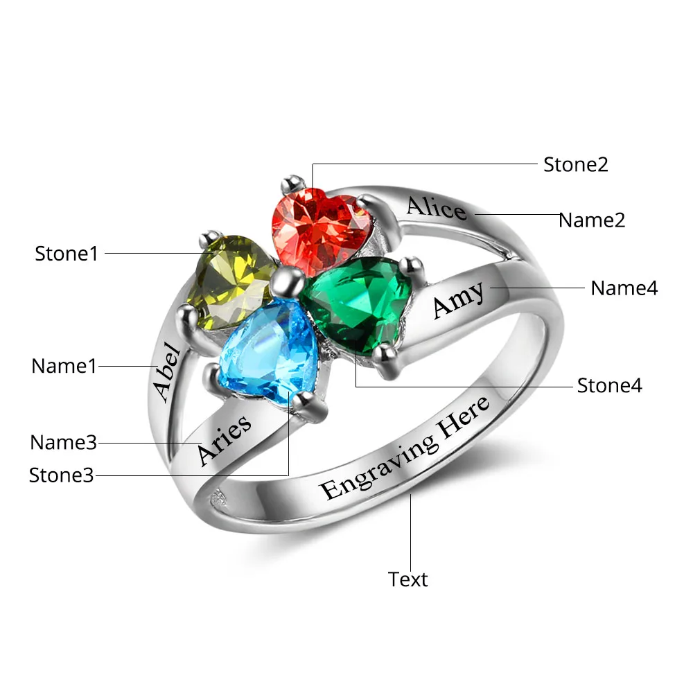 Anniversary Family Ring Engrave Name Custom 4 Birthstone Ring 925 Sterling Silver Heart Rings Gift For Mom (JewelOra RI102501)