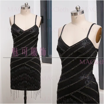 

Black Sheath V Neck Knee-Length Beading Satin Prom Party Formal Evening Dress L 261696