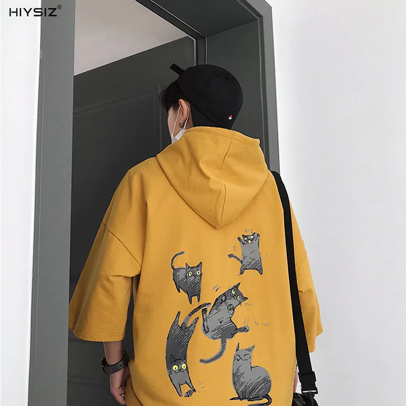 

HIYSIZ Hip Hop Japanese Hot Printed Short Sleeve Hooded Sweatshirt Harajuku Casual Hoodies Streetwear 2019 Summer Fashion ST459