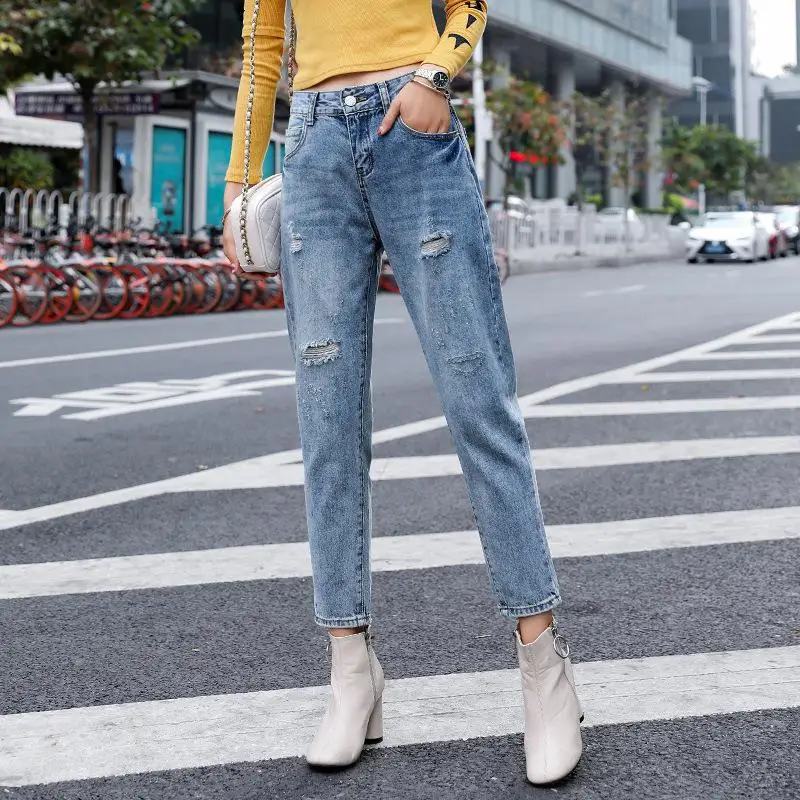 

New Ripped Holes Women Ankle Length All Match Harem Jeans Plus Size Cotton Loose Denim Pant High Waist Boyfriend Jeans