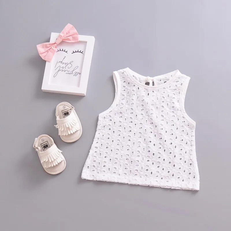 Summer New Newborn Baby Kids Girls Lace Hollow Cotton Blouse Casual Solid Color White Sleeveless Comfortable Breathable T-shirt