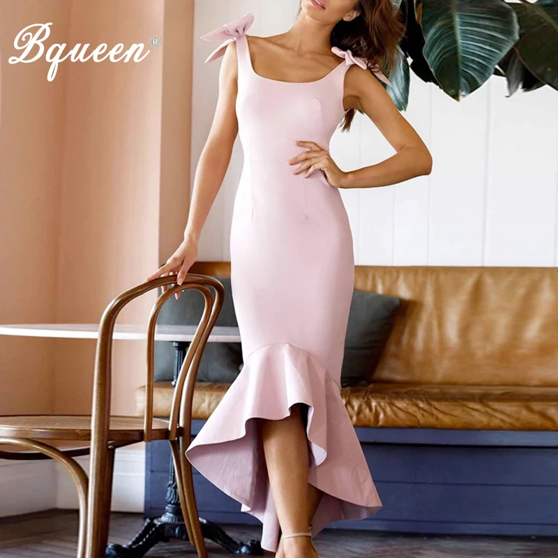 

Bqueen 2019 Elegant Bandage Mid Calf Mermaid Dress Sweet Bow Strap Backless Dress Package Hip Sexy Wedding Party Dresses
