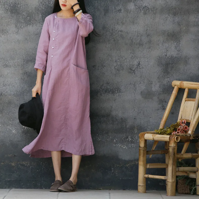 

Johnature New Patchwork Robe Dresses Solid Color 2019 Summer O-Neck Three Quarter Sleeve Button Pockets Women Dresses