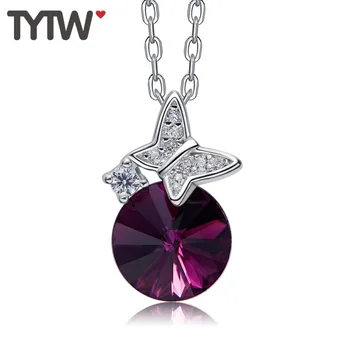 

TYTW 925 Sterling Silver women Pendant Necklace Round Purple Crystal from Austrian Butterfly Elegant Chic Chain Girl necklaces