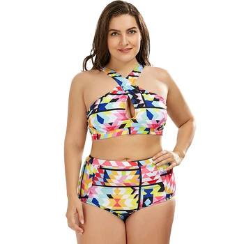 

2019 Plus Size Bikini Set Halter Two Pieces Swimwear Women Wire Free Elastic Gather Quick Dry Beach Vacation Swimsuit S8D708X