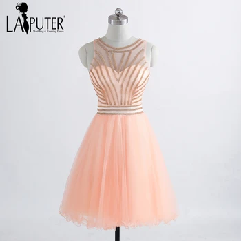 

2018 New Arrival Hot Selling Peach Pink Tulle Gold Sparking Crystal Short Cheap Homecoming Party Dresses Women Cocktail Gown