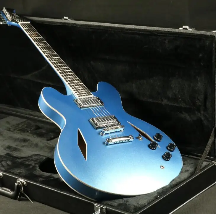 

High Quality Semi Hollow Body Dave Electric Guitar Metal Blue Chrome Hardware Special Headstock