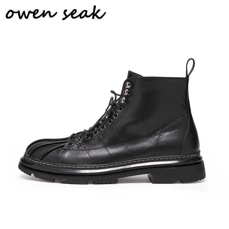 

Owen Seak Men Martens Boots Casual Shoes Genuine Leather High-TOP Men Ankle Boots Luxury Trainers Lace-up Flats Black Shoes