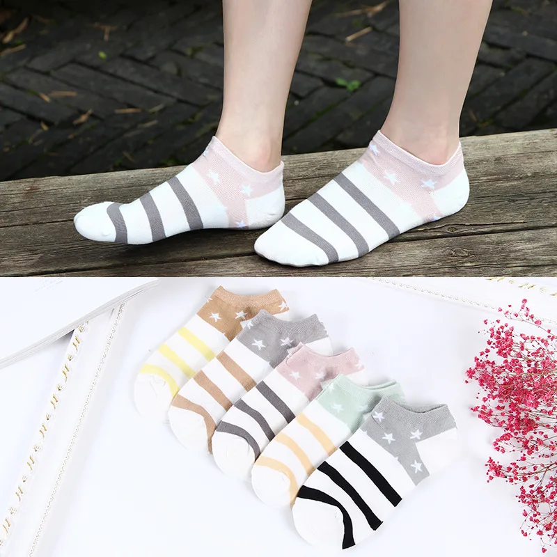 

Women cotton Socks Candy Color Stars Stripes Low Cut Breathable Stretchy Boat Ankle Socks