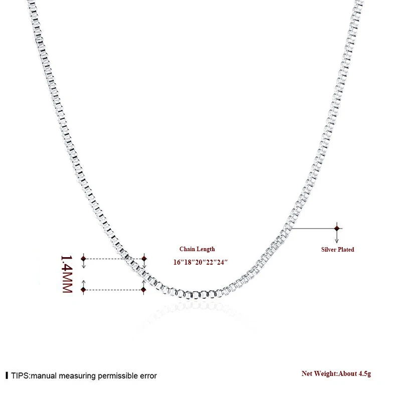 

925 Sliver Necklace Fashion Jewelry Wholesale Silver Jewelry 1.4mm Box Chain 16" 18" 20" 22" 24" 5pcs/lot