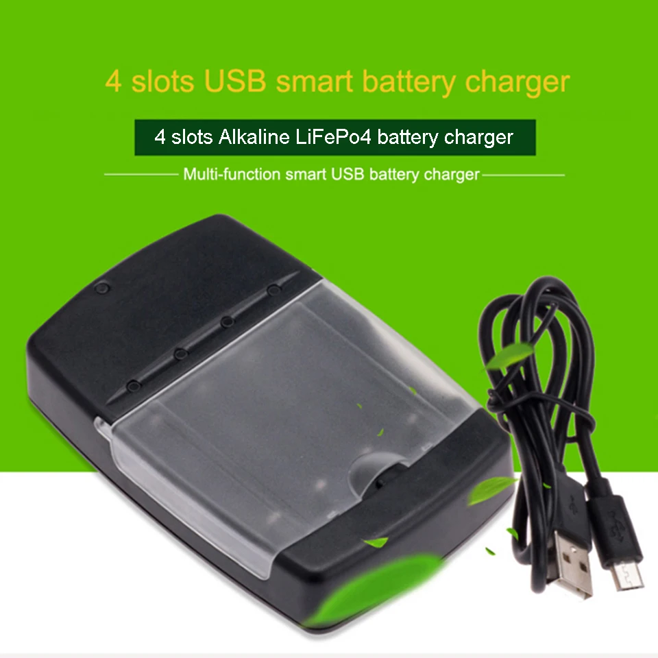 4 slots Smart USB Battery Charger for Rechargeable Battery AA AAA AAAA 1.5V Alkaline 14500 10440 16340 10440 3.2V LiFePo4 charge shaver charger cord