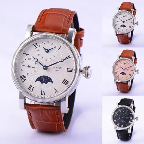 42mm PARNIS Steel Case embossment GMT Moon Phase relogio masculino Roman Numerals hand winding movement men's watch wholesale | Наручные