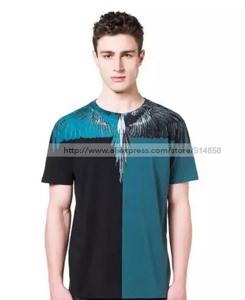 2016 Marcelo Burlon Black White Print Drop Wing Feather O Neck Short Sleeve Camiseta Hombre Tee