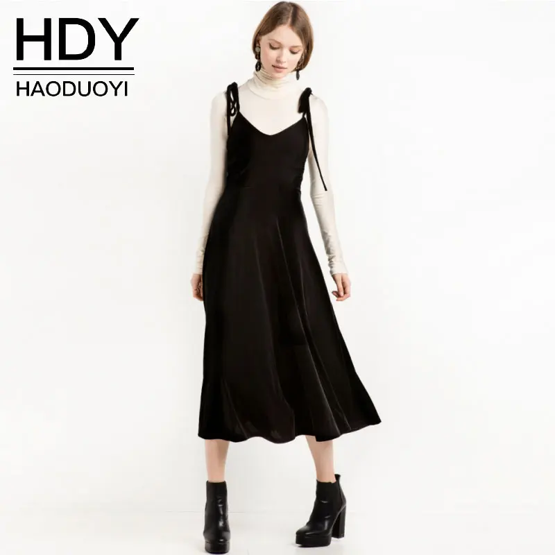 

HDY Autumn Velvet Dress Black Women Clothing Slip Elegant Dress Robe Female V-Neck Velvet Midi Dress Plus Size Vestidos 2019 New
