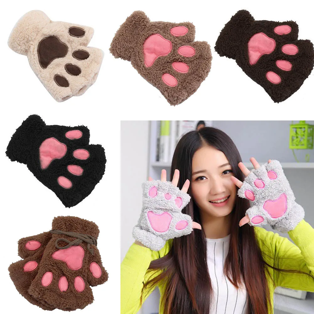 1 пара зимних женских милых перчаток для девочек, плюшевые теплые варежки, милые кошачьи лапы, короткие перчатки без пальцев