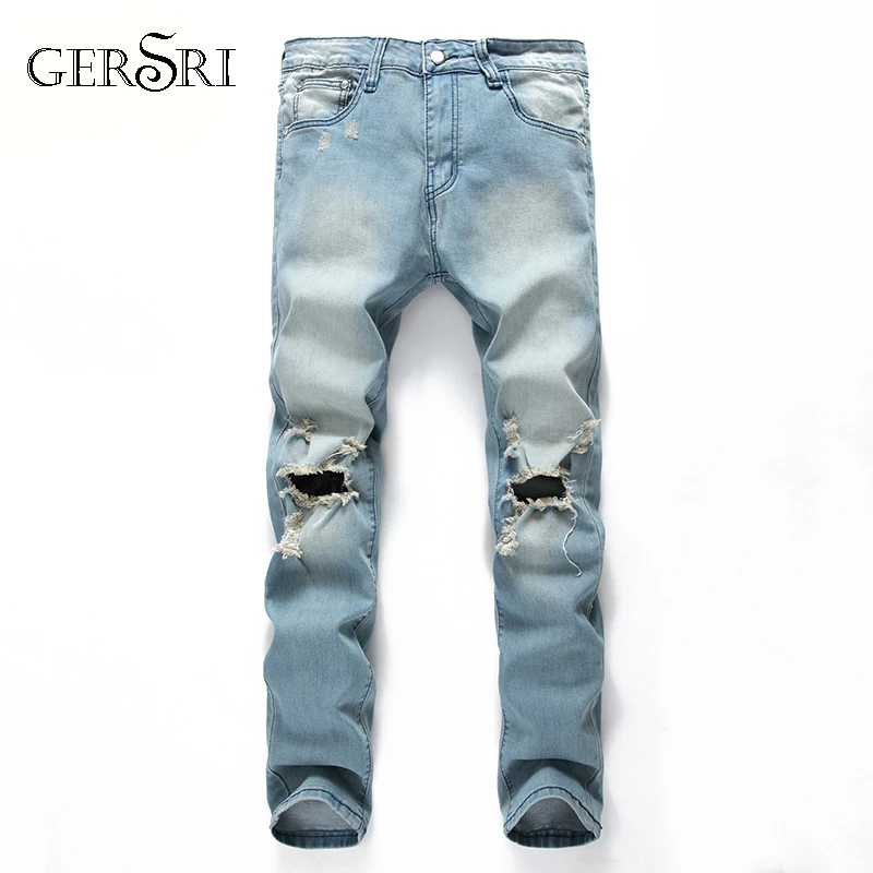 Gersri рваные джинсовые брюки байкерские узкие прямые потертые джинсовые брюки до колена Новая модная мужская одежда длинные брюки большого
