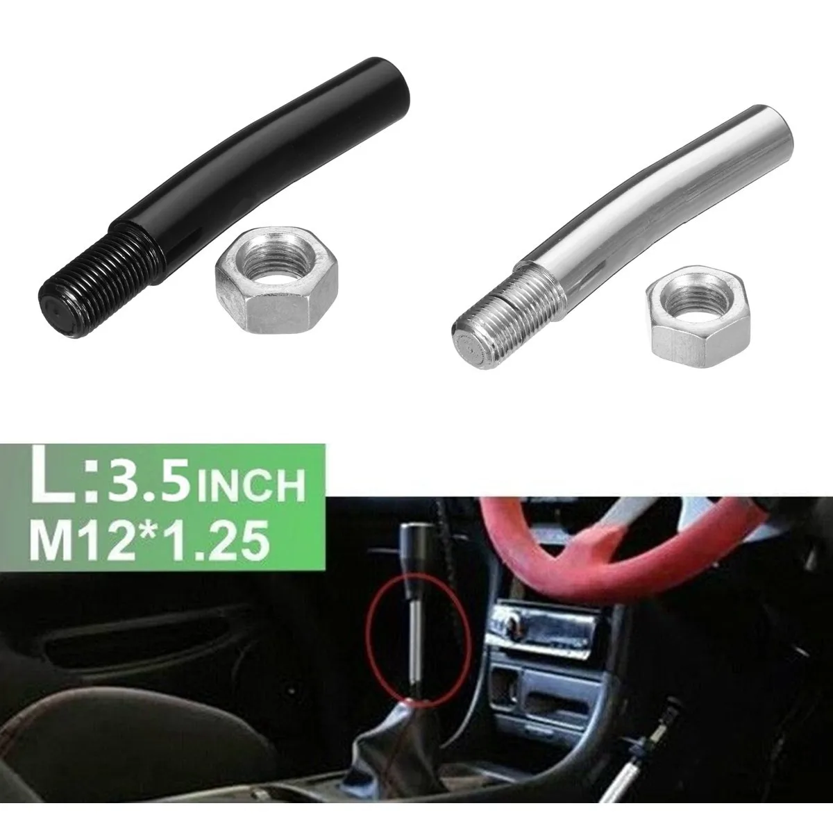 M12X1.25 Silver/Black Car Stainless Gear Shift Stick Lever Extender