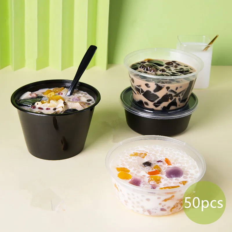

50pcs Round transparent disposable cups party BBQ favor food fruit bowl 300ml 450ml,500ml takeaway packaging cups with lid