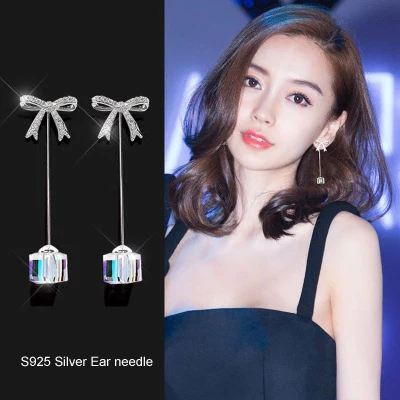 

925 silver needle bow earrings long crystal earrings temperament wild earrings