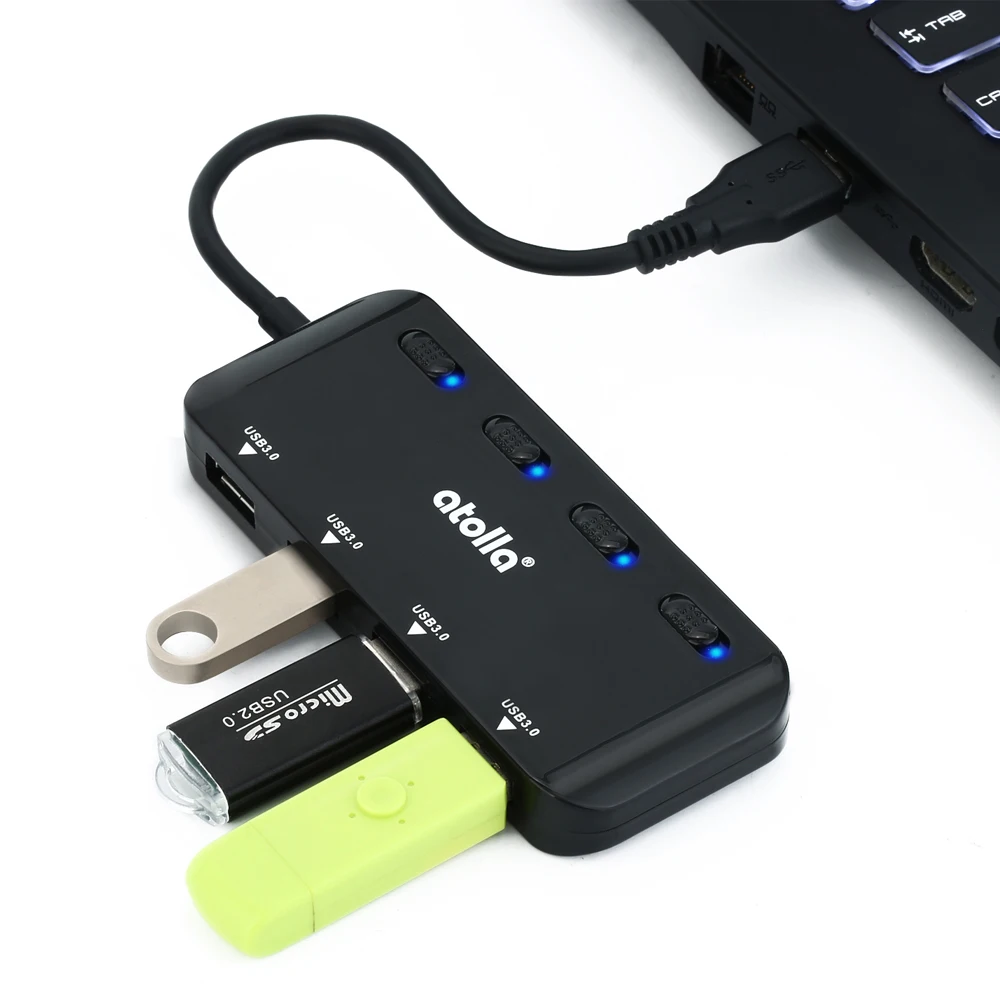 Atolla usb 3,0 концентратор 4 порта-Ультратонкий USB 3,0 концентратор данных с индивидуальными переключателями включения/выключения и светодиодами USB 3,0 удлинитель