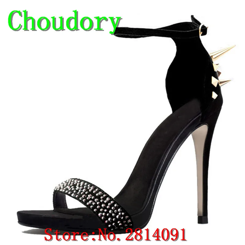 Choudory Black Super High Heels Solid Women Sandals Ankle-Wrap Buckle Strap Suede Shoes Women Rivet Thin Heels Dress Shoes Woman