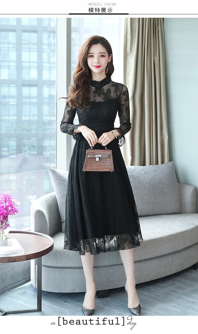 Женская осень зима корейский большой размер розовый сладкий ретро кружева женская миди платье элегантный приталенный черное платье вечернее платье с длинным рукавом взлетно-посадочной полосы