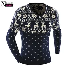 Newbestyle осенне-зимний пуловер Мужской мягкий свитер джемпер v-образный вырез олень узор тонкий прилегающий Вязаный рождественский свитер Трикотаж