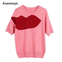 Сезон: весна–лето новые модные женские туфли футболки трикотажные пуловеры короткий рукав вышитые красные губы o-образным вырезом женские Топы Трикотаж