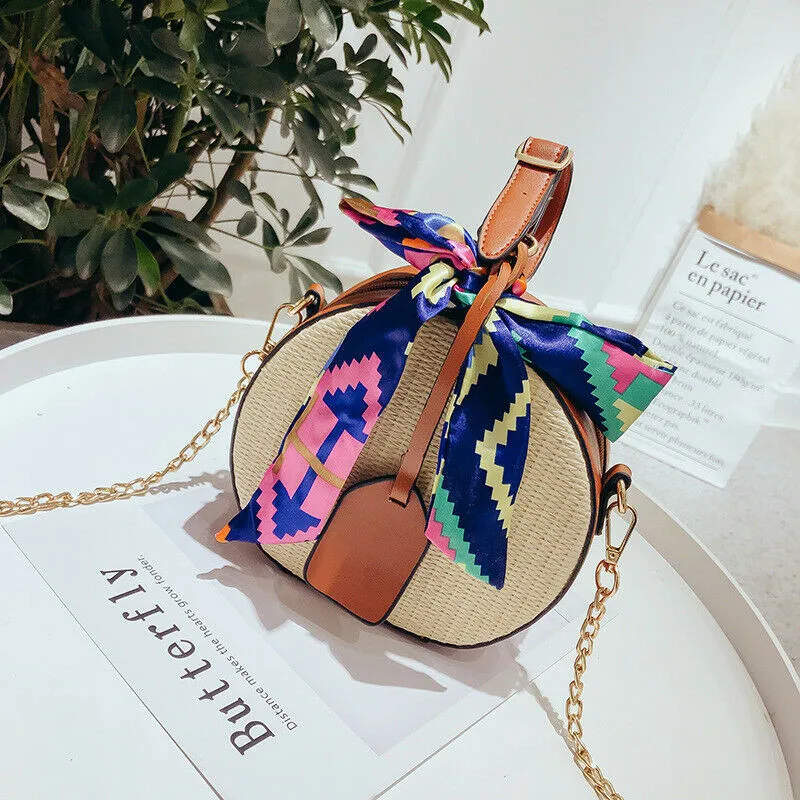 

2019 Summer Straw Crossbody Bag For Women Fashion Round Beach Playa Purses and Handbag Ladies Messenger Shoulder Bag