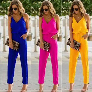 

Women Sleeveless Strappy Bodycon Jumpsuit V-neck Romper Straight Trousers Clubwear