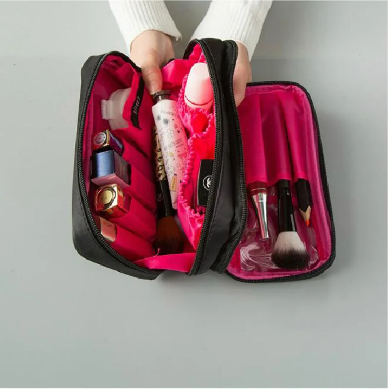 HMUNII, двойной слой косметики, сумка, органайзер для путешествий, чехлы для макияжа, косметичка, кисти, губная помада, аксессуары для туалетных принадлежностей, принадлежности