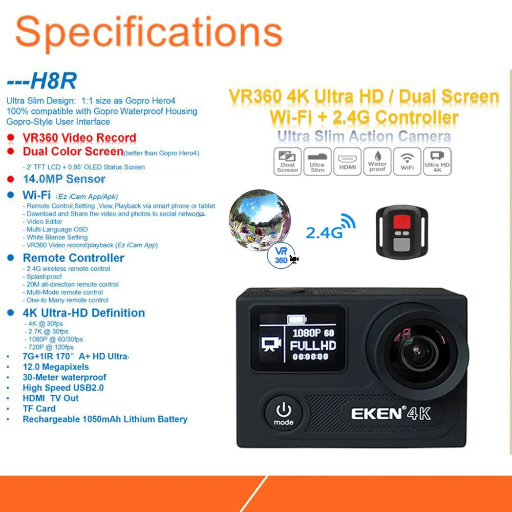 Оригинальный eken H8r спортивные Камера cверхвысокая чёткость 4k 30FPS Wi Fi 2 0