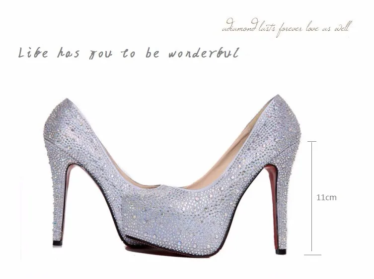 women pumps red round toe thin high heel bride wedding platform shoes lady silvery crystal rhinestone Sexy heel shoe big size 42 10