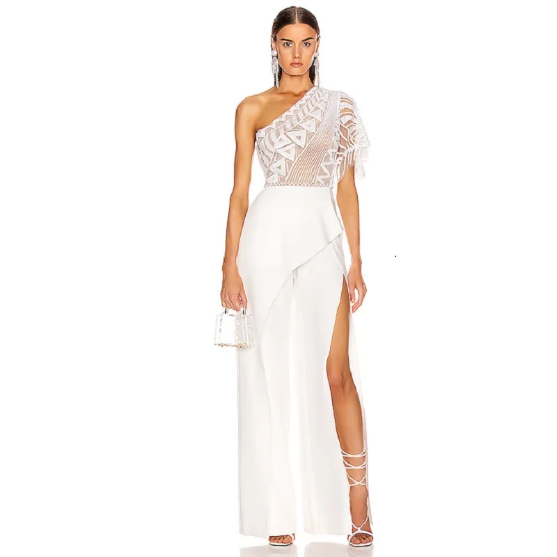 

White Elegant Lace One Shoulder Women Jumpsuits Fashion New Short Sleeve Straight Sexy High Split Evening Party Summer Jumpsuit