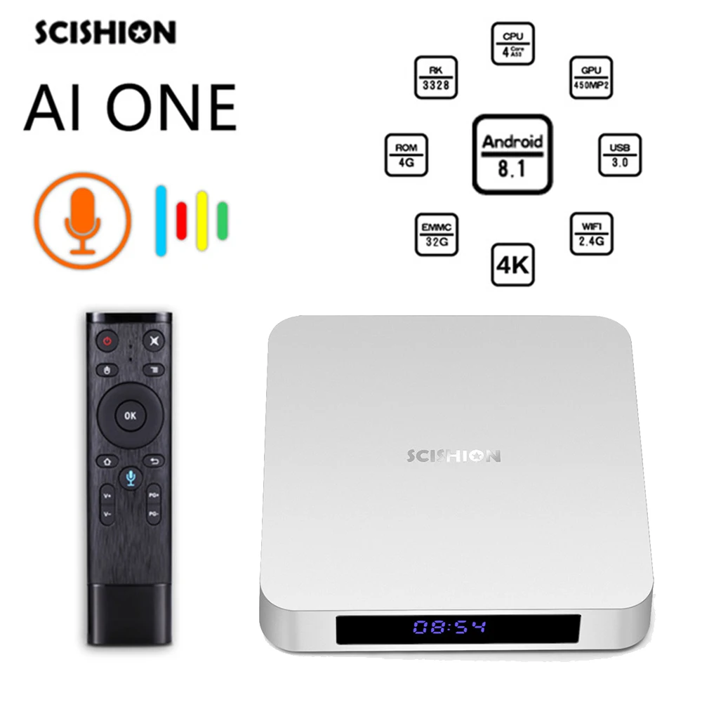 

2018 AI ONE Android 8.1 TV Box RK3328 4GB 32GB WiFi Bluetooth USB 3.0 Media Player 4K HD Smart Set Top Box with Voice Control