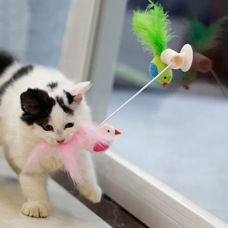 Перья-игрушки для кошки кошачья игрушка с колокольчиком палочка-Дразнилка с перьями на присоске для птиц на окно интерактивные игры аксессуары