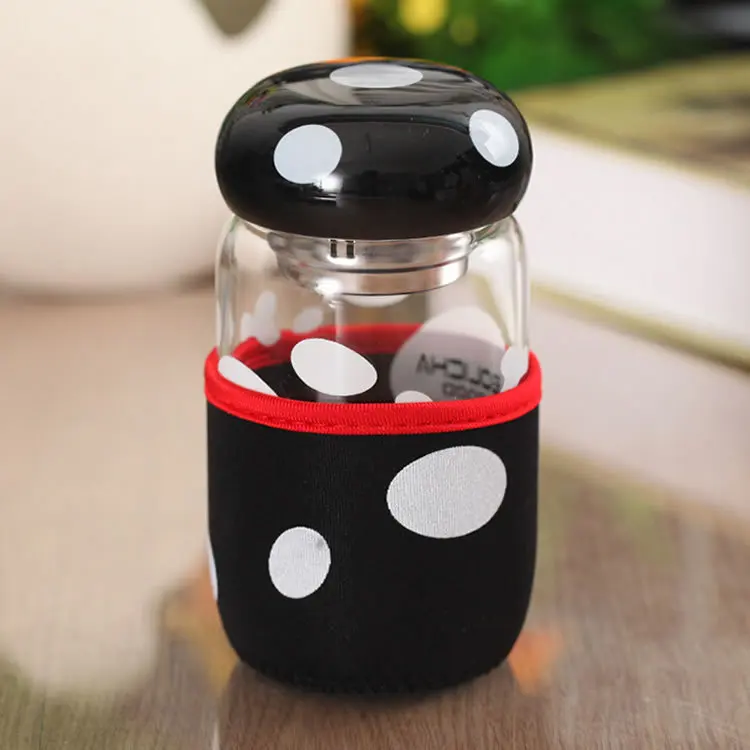 300ml Creative Glass Water Bottle Mushroom Design with Filter Mini Glass Water Bottle Portable Juice Milk Cups with Cover Lovely Gifts for Girls (1)