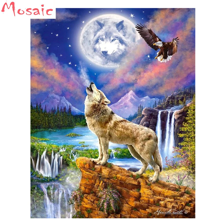 

5D Diy diamond painting cross stitch"Indian wolf eagle"Full Round Diamond embroidery fall Needlework square rhinestones pictures