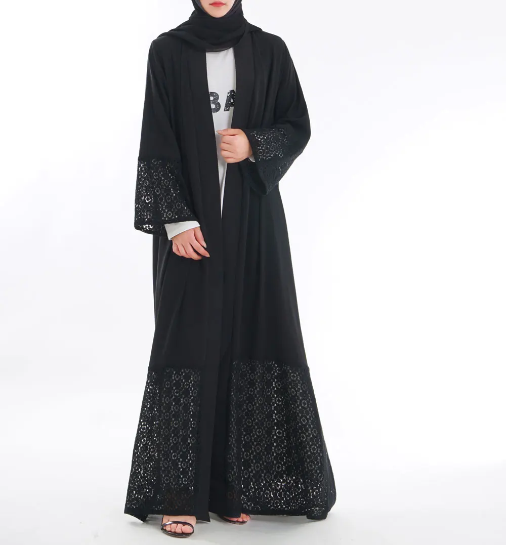 

Black Carved Lace Nida Muslim Dress Abaya Islamic Women Malaysia Jilbab Djellaba Robe Musulmane Turkish Baju Open Kimono Kaftan