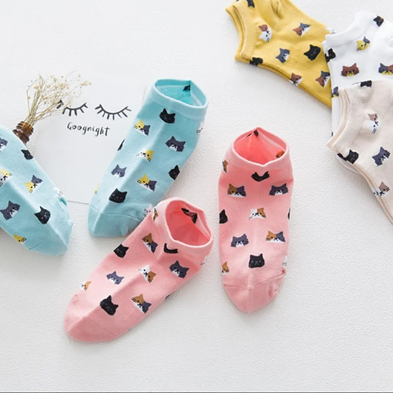 Новые модные однотонные хлопковые носки с котом и собакой женские летние короткие носки тапочки женские повседневные Мягкие носки