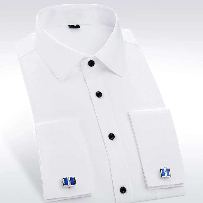 2017 France cufflink Dobby men shirts black button fashion print