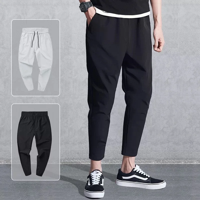 

2019 new men's casual pants high elastic stretch fabric slim cut summer thin section ice silk nine points sweatpants