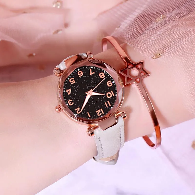Светящиеся звездное небо часы женские кварцевые Кожаный ремешок цифровой циферблат женские наручные часы с геометрическим кристаллом повседневные цветы Reloj Mujer - Цвет: Grey