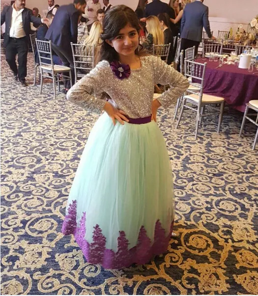 Beautiful long sleeves sky blue tulle princess dress for birthday party purple lace and silver sequined A-line flower girl dress